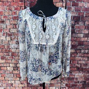 Socialite Blouse Womens Size XS Paisley Floral Sheer Crochet Detail